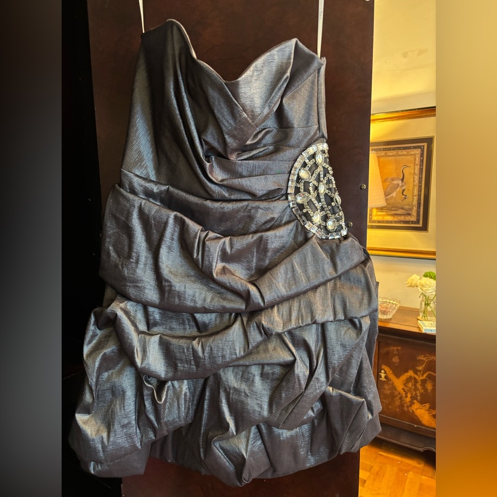 Teeze Me Metallic Strapless Dress with Embellished Accent